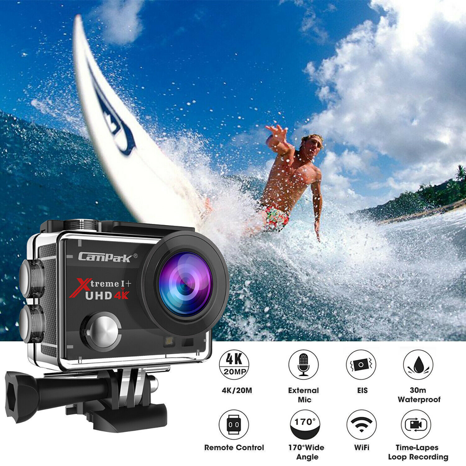 Campark 4K 30fps Action Kamera WiFi Sports Kamera 20MP Wasserdichte mit Gopro