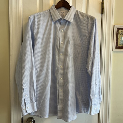 BROOKS BROTHERS No-Iron Supima Cotton Shirt Mens 17.5 36/37 Blue Micro Plaid - Picture 2 of 9