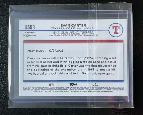 Evan Carter Rookie Debut Card 2024 Topps Baseball Update Series - Bild 2 von 2