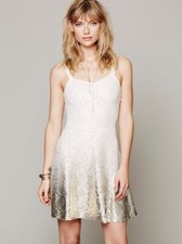 NWT Free People Fit Flare GOLD FOIL Ombre IVORY Boho Party Dress L