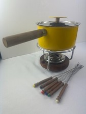 Vintage Yellow Fondue Set MCM with Teak Made in USA