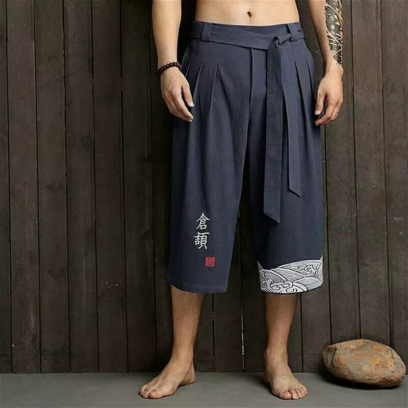 Men 3/4 Long Shorts Cotton Linen Below Knee Pants Tai Chi Loose Lace-Up  Kung Fu