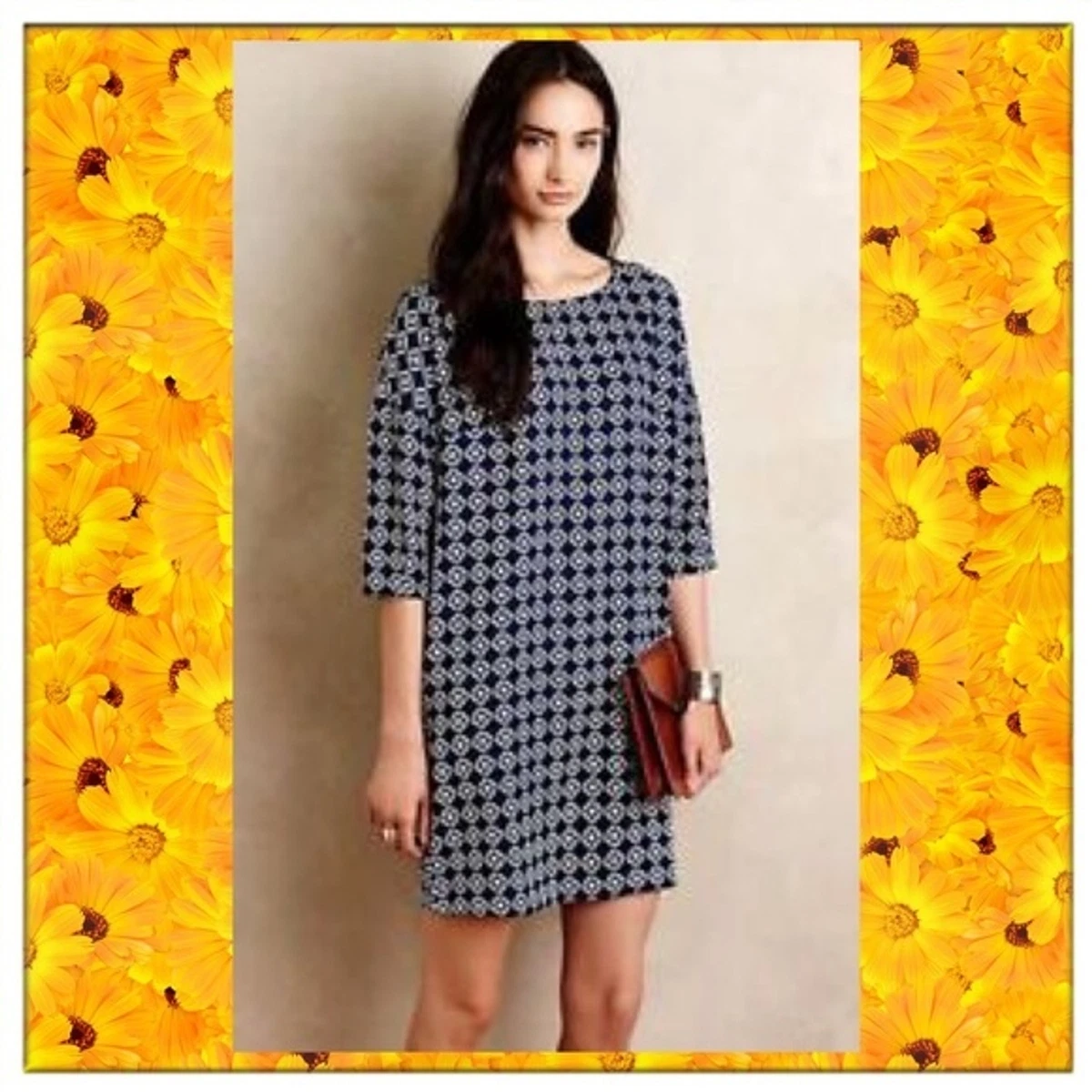 Anthropologie Weston Wear Blue White Geometric Print Dress Size Medium Petite