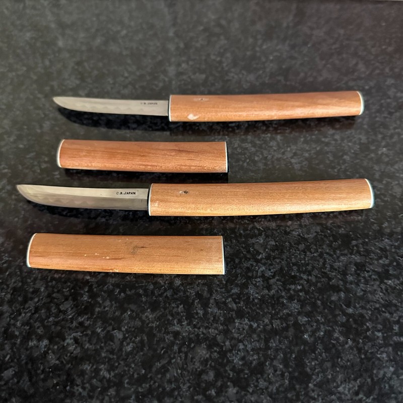 2 pc Vintage CB Japan Knives Bamboo Wood Handle Case Vtg MCM Japanese Knife Set