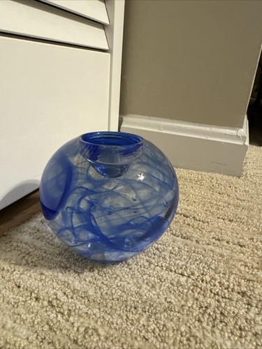 KOSTA BODA ART GLASS BLUE SWIRL BUBBLE TEA LIGHT VOTIVE CANDLE HOLDER , With Tag - Picture 10 of 12
