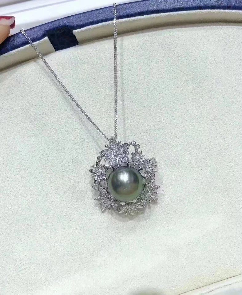 Impresionante Broche Colgante Perla Verde Negro Redondo Tahitiano 11-12mm 925s Foto 2 de 3