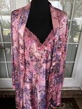 Delicates Floral Silky Lace Trim Bridal Mauve Pink Robe W/ Cami Slip M