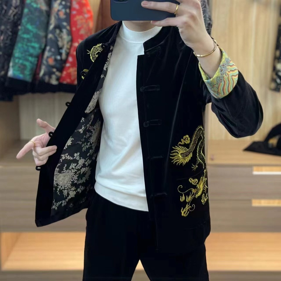 Men Fashion Black Longsleeved Embroidered Velvet Chinese Style Tang