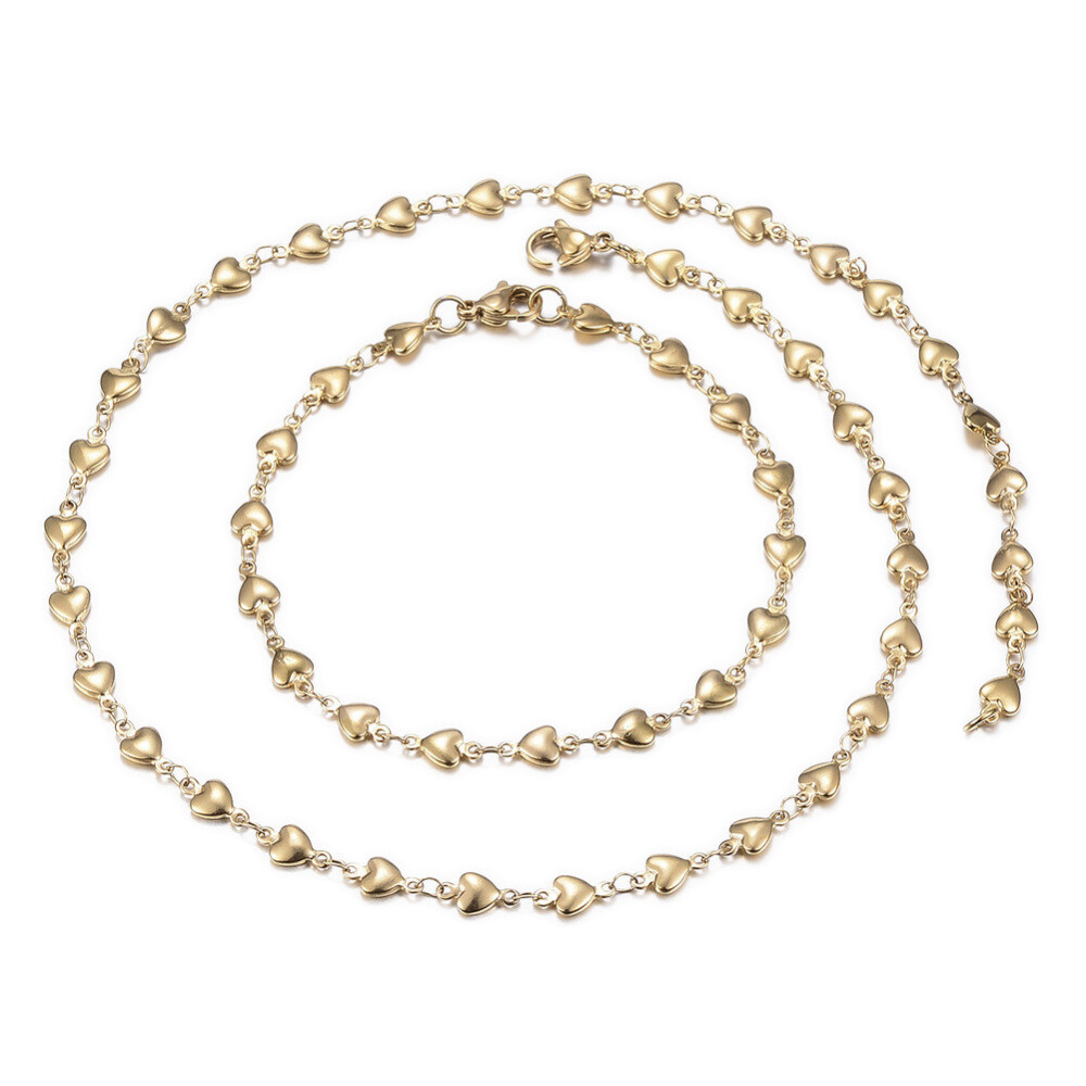 Stainless Steel Heart Set Necklace Bracelets Lobster Clasps Gold 17.72