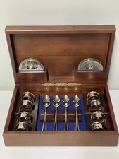 RARE ANHEUSER BUSCH 8 NAPKIN RINGS 8 COASTERS 8 LONG TEA SPOONS BEECHWOOD CHEST