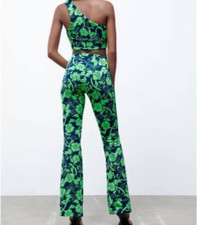 ZARA Green Navy Jacquard Floral Print High Waist Flare Stretch Pants Sz S NWT