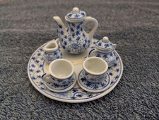 Vintage Miniature Oriental Blue/White Ceramic Tea Set  Tray 10 Pieces -Thailand