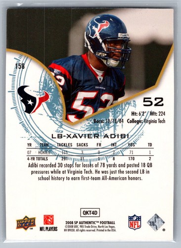 2008 SP Authentic #158 Xavier Adibi #/1399 - Picture 2 of 2