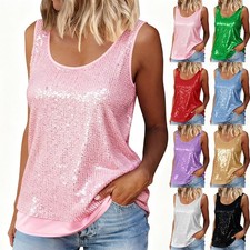 Women's Glitter Sequin Party Tank Tops Blouse Summer Tee Shirts Vest Size 6-20 Z