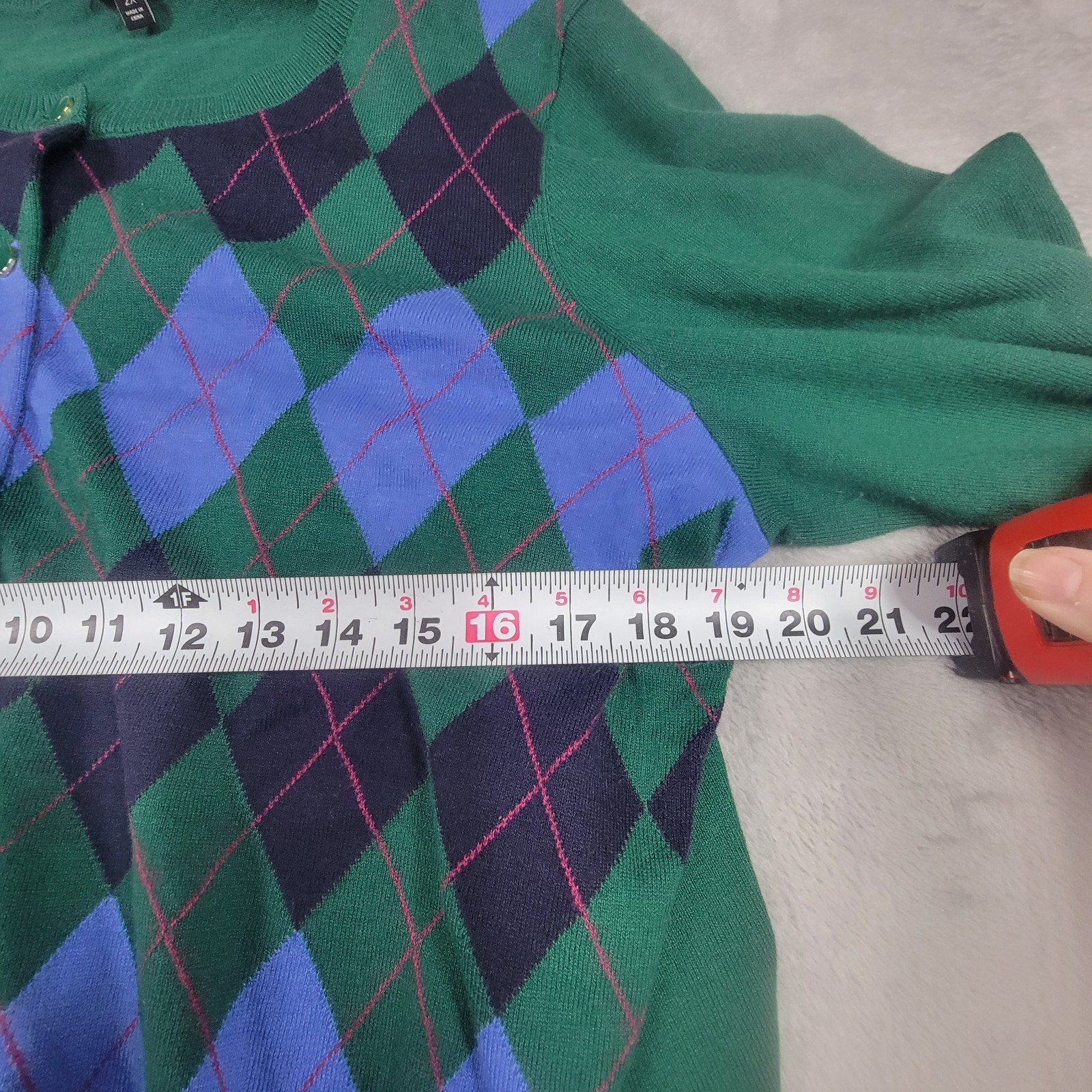 Talbots Plus Size 2X Green Argyle Pattern LS Butt… - image 3