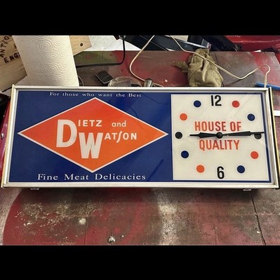 Vintage Dietz & Watson Lighted Advertising Clock Sign Works Deli Display