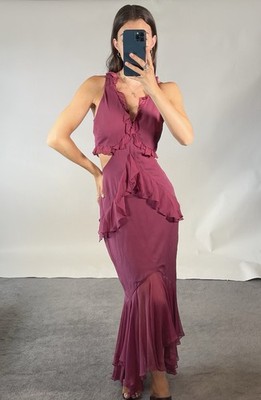 Cinq A Sept US6 UK10 Kleid Y2K Seide Burgund Chiffon Rüschen Lang Meerjungfrau 00s