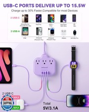 Purple Extension Cord with 3 AC Outlets and 4 USB 2 USB-C Ports, 1625W Purpl...