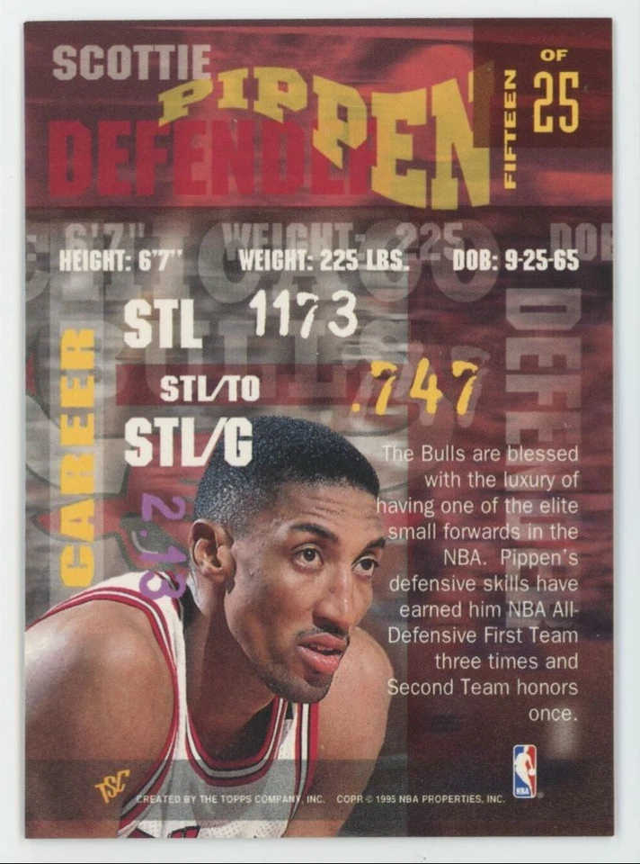 1994-95 Topps Stadium Club Skills Scottie Pippen Bulls #15 A1 - Image 2 of 2