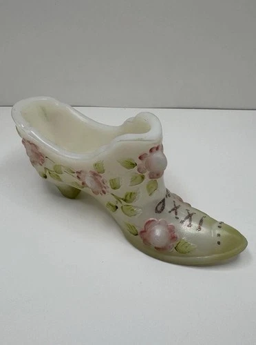 Fenton 95th Anniversary Hand Painted Satin Glass Shoe – Signed S. Massey