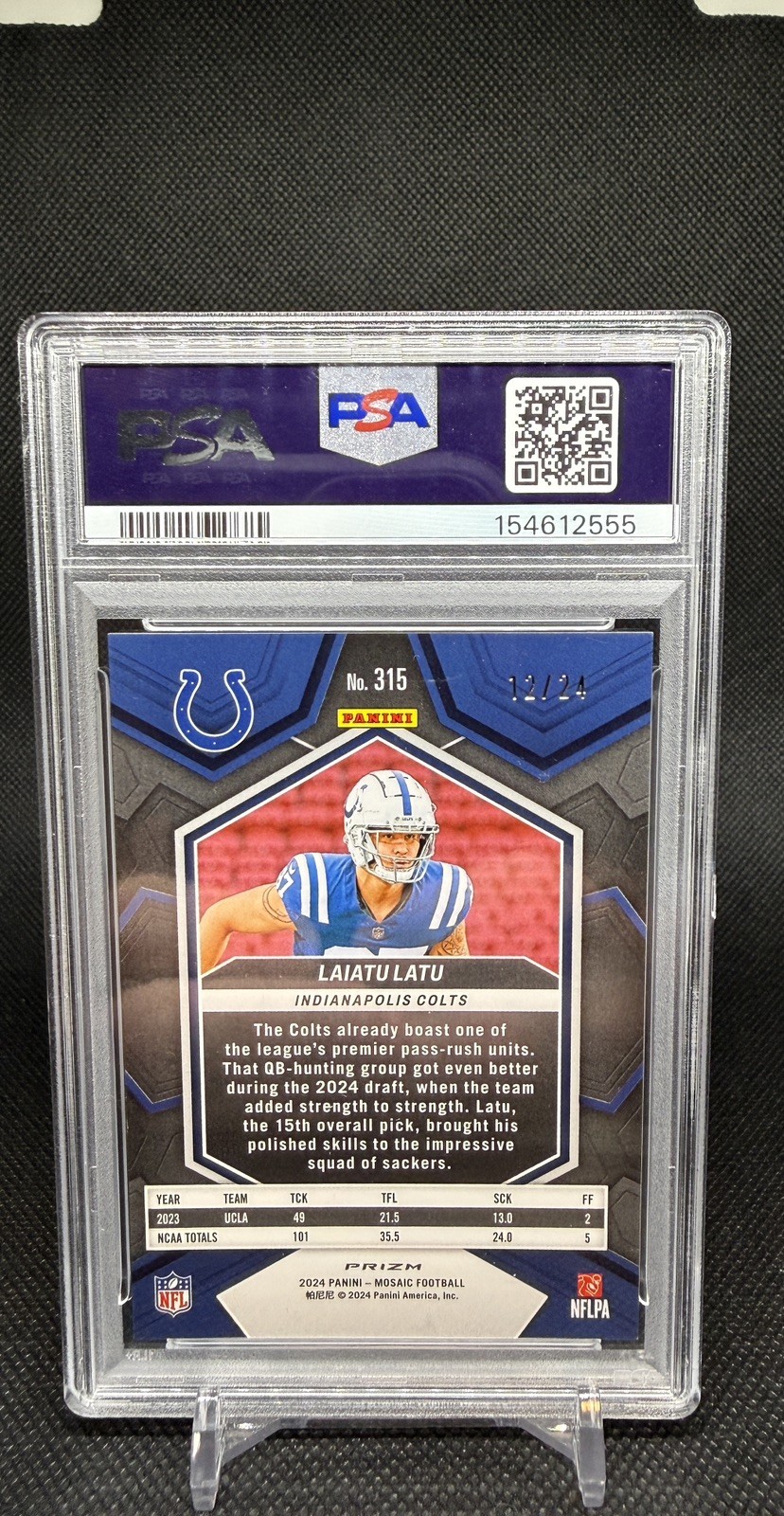 2024 Panini Mosaic Rookies Laiatu Latu #315 Gold Sparkle Prizm SSP (RC) PSA 9 view 2