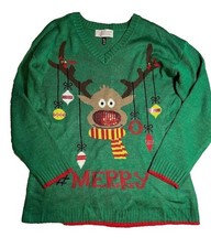 Tiara International Sweater XL Green Reindeer Jingle Bell Ugly Christmas Holiday