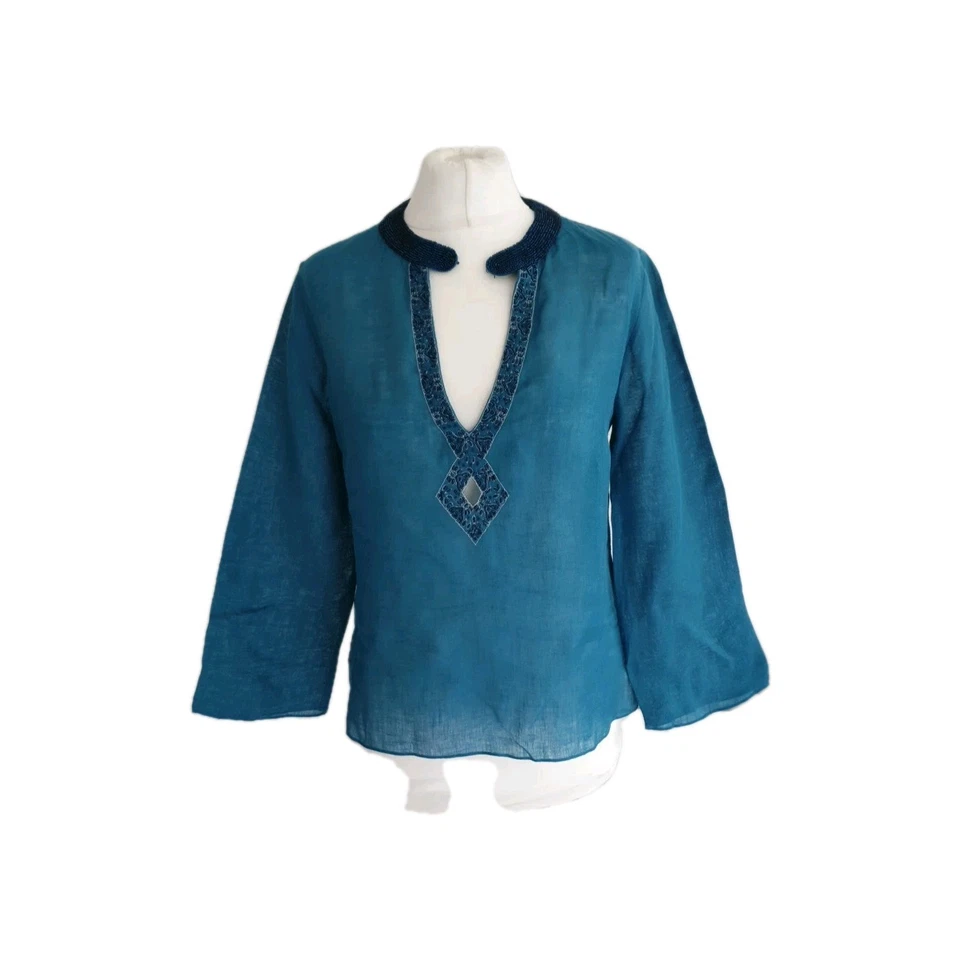 Top Joseph para mujer azul bordado con cuentas cuello en V 100 % lino. UK 8, EU 36. Foto 3 de 4