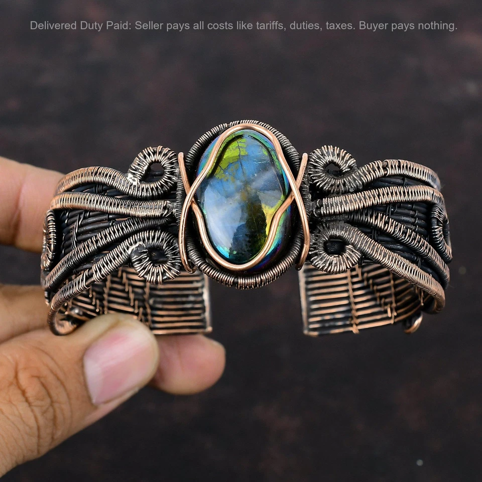 Natural Mystic Fire Labradorite Wire Wrapped Sister Wedding Cuff Jewelry Copper - Image 2 of 4