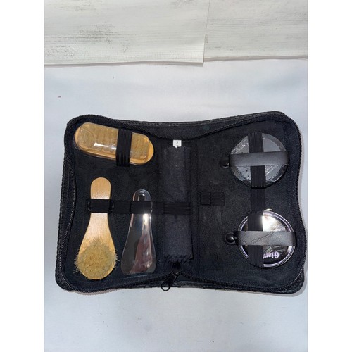 Giant Shoe Shine Kit Travel Set Black Snakeskin Case Polish Brushes Shoe Horn