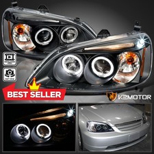 Black Fits 2001-2003 Honda Civic 24dr Led Halo Projector Headlights Lamps 01-03