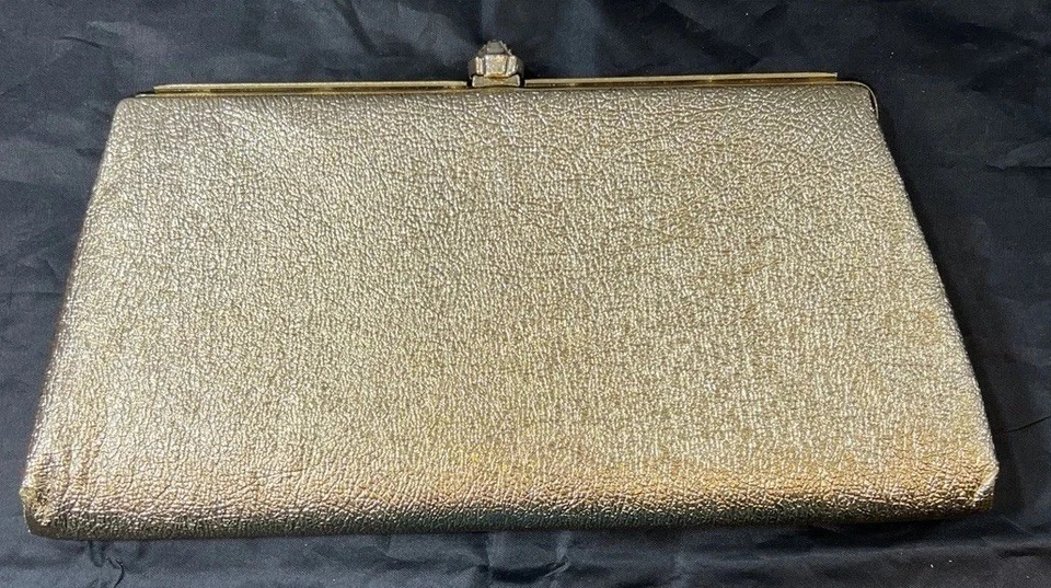 Vintage 60s Handbag Purse Clutch Bag Gold Evening Party Bag Flower Snap Closure - Image 3 of 4
