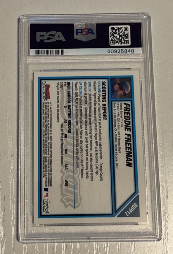 Topps 2007 Bowman Chrome Draft Picks Freddie Freeman RC #BDPP12 Braves PSA 10 view 2