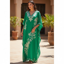 Kashmiri V-Neck Georgette Kaftan Green Leisure Hippie Kimono Travel Caftan L-51"