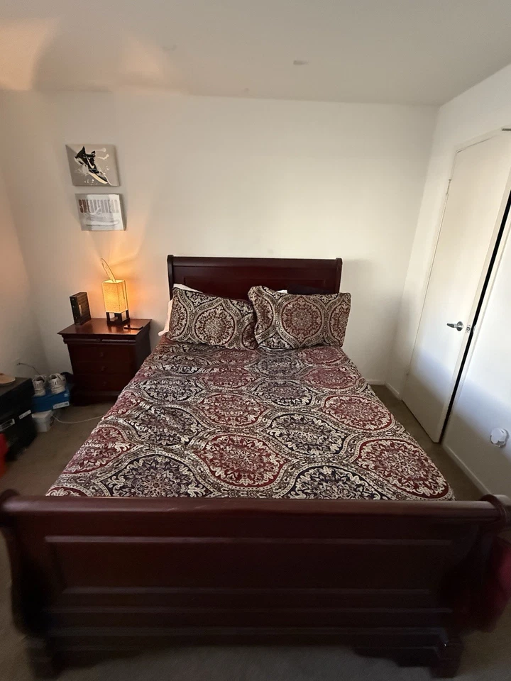 All Wooden Queen Bed Frame, dresser W/ Mirror And Night Stand For sale - Image 2 of 3