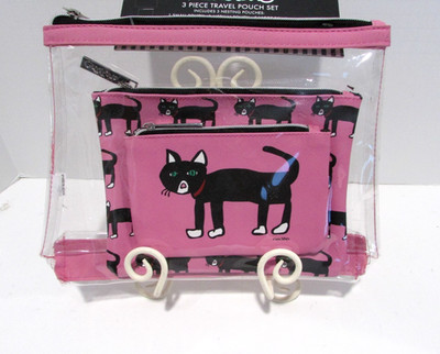 Marc Tetro Black Cat 3 Pouch Set Cosmetic Travel Wristlet Wallet Pink NWT