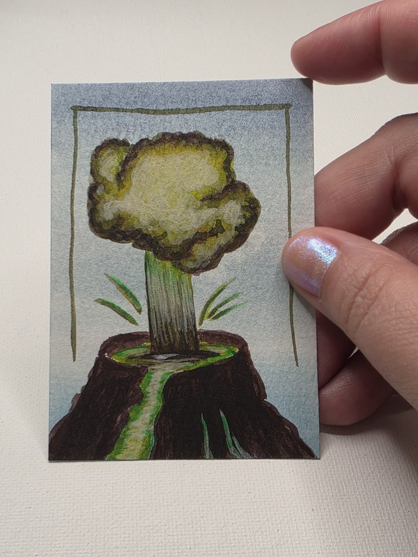 ACEO Art Card Original Hand-Painted Watercolor, Volcano Eruption, Green Lava