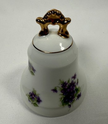 Vintage Lefton Porcelain China Hand Painted Bell Purple Forget Me Not Gold Trim