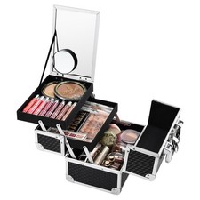 Makeup Cosmetic Train Case Portable Makeup Organizer Case with Mirror 2 Tray ...