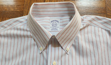 BROOKS BROTHERS SHIRT, Men's 16 x 35 Classic, WHITE Blue Tan Red Black Striped