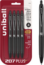 Uniball 207 Plus Gel Pens, Black Ink, 0.7Mm Medium Point, 4 Count Retractabl