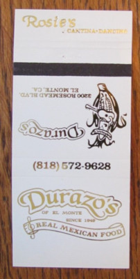 MEXICAN RESTAURANT MATCHBOOK COVER: DURAZO'S EL MONTE, CALIFORNIA MATCHCOVER -C8