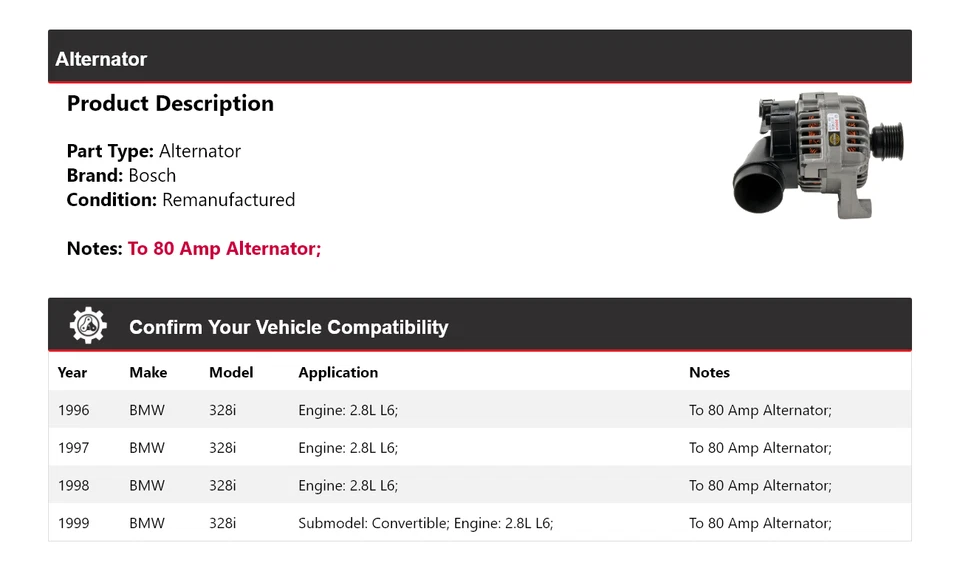 Alternador Bosch para BMW 328i 1996-1999 2,8 L L6 (remanufacturado) 1997 1998 Foto 2 de 4