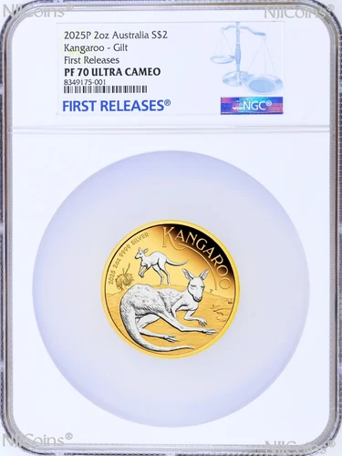 2025 Australia GILT Proof 2oz .9999 Silver Kangaroo $2 Coin NGC PF70 FR Blue LB