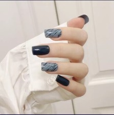 24 Medium Press on Nails kit glue on dark square black gray marble