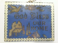 Vintage Glass GOD BLESS OUR HOME Display Plaque Sign 