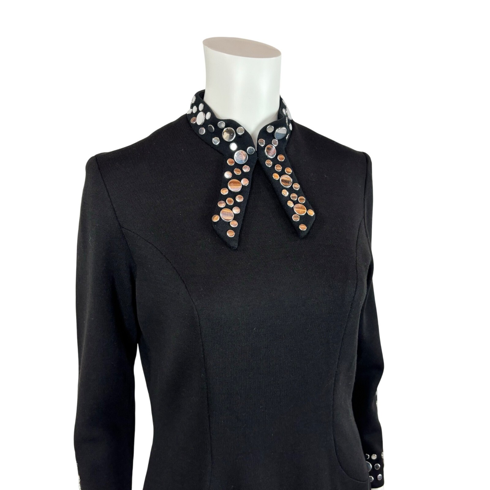 Vintage 60s Studded Dress Women's Extra Small Black Wool Silver Bow Neck Mod image 4