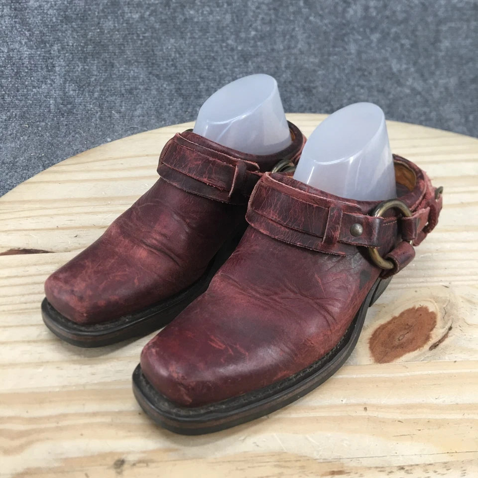 Zapatos Frye para mujer 5,5 M zuecos con cinturón cuero borgoña punta cuadrada bloque cómodo Foto 3 de 4
