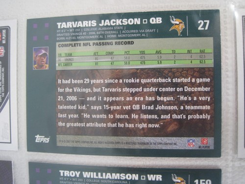 Lotto di 7 carte giocatore Minnesota Vikings NFL con foglio raccoglitore (Tarvaris Jackson) - Foto 10 di 12