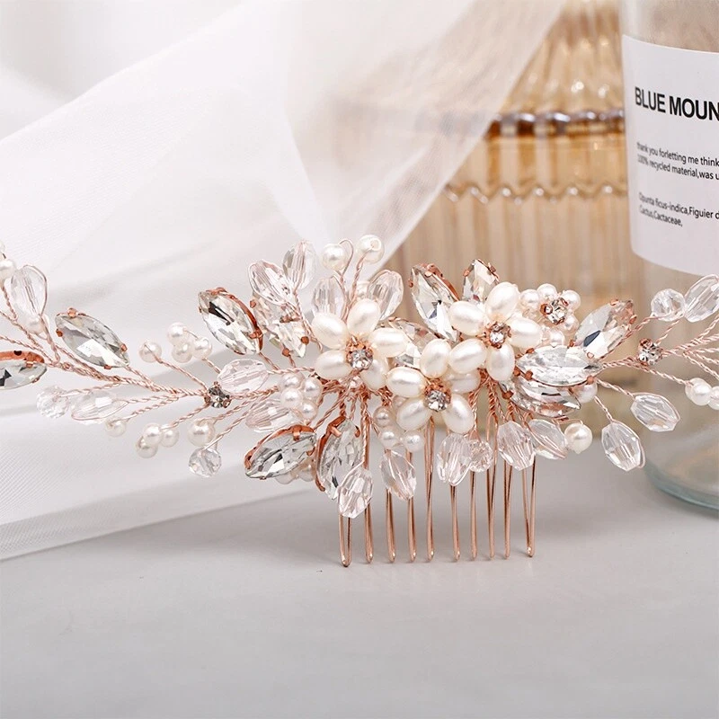 Peine de pelo de cristal con flores y perlas hechas a mano Prendas para la cabeza de novia Accesorios para el cabello de boda Foto 4 de 4