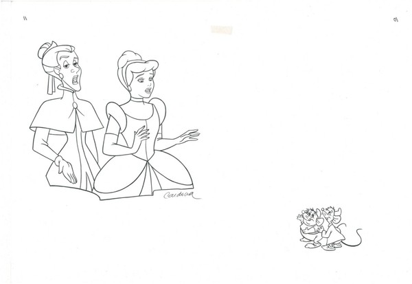Disney Cenicienta y Madrastra - Dibujo de Producción Original - Firmado Cardona